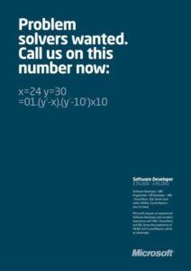 A Microsoft job ad where candidates need to solve an equation to find the application contact number.