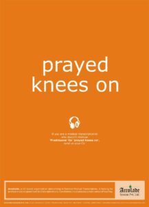 A photo of an advert with an orange background and the words 'prayed knees on' displayed.