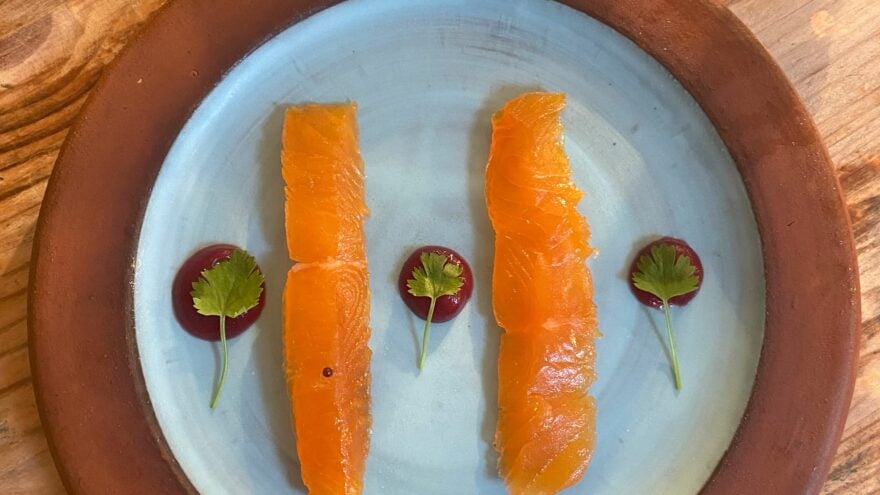 Two fillets of salmon being served at The Shed restaurant, London