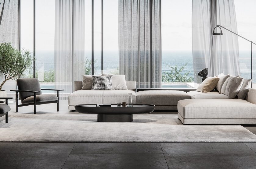 Large and luxurious interiors of a modern living room in 3d. Digitally generated image of a fully furnished living room.