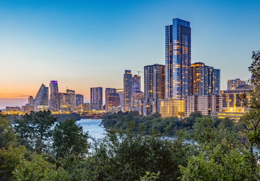Austin City with skyscrapers during the sunset
