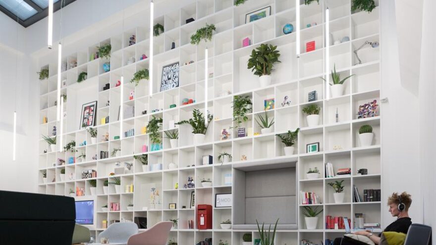 A man sitting in an open-planned, community space with a large wall with plants, frames and artwork.