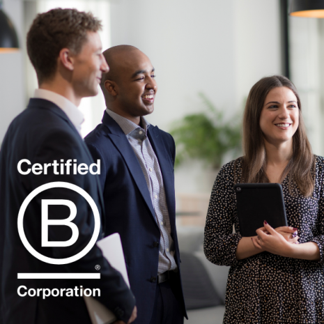 B corp logo overlaid on Tiger Recruitment team